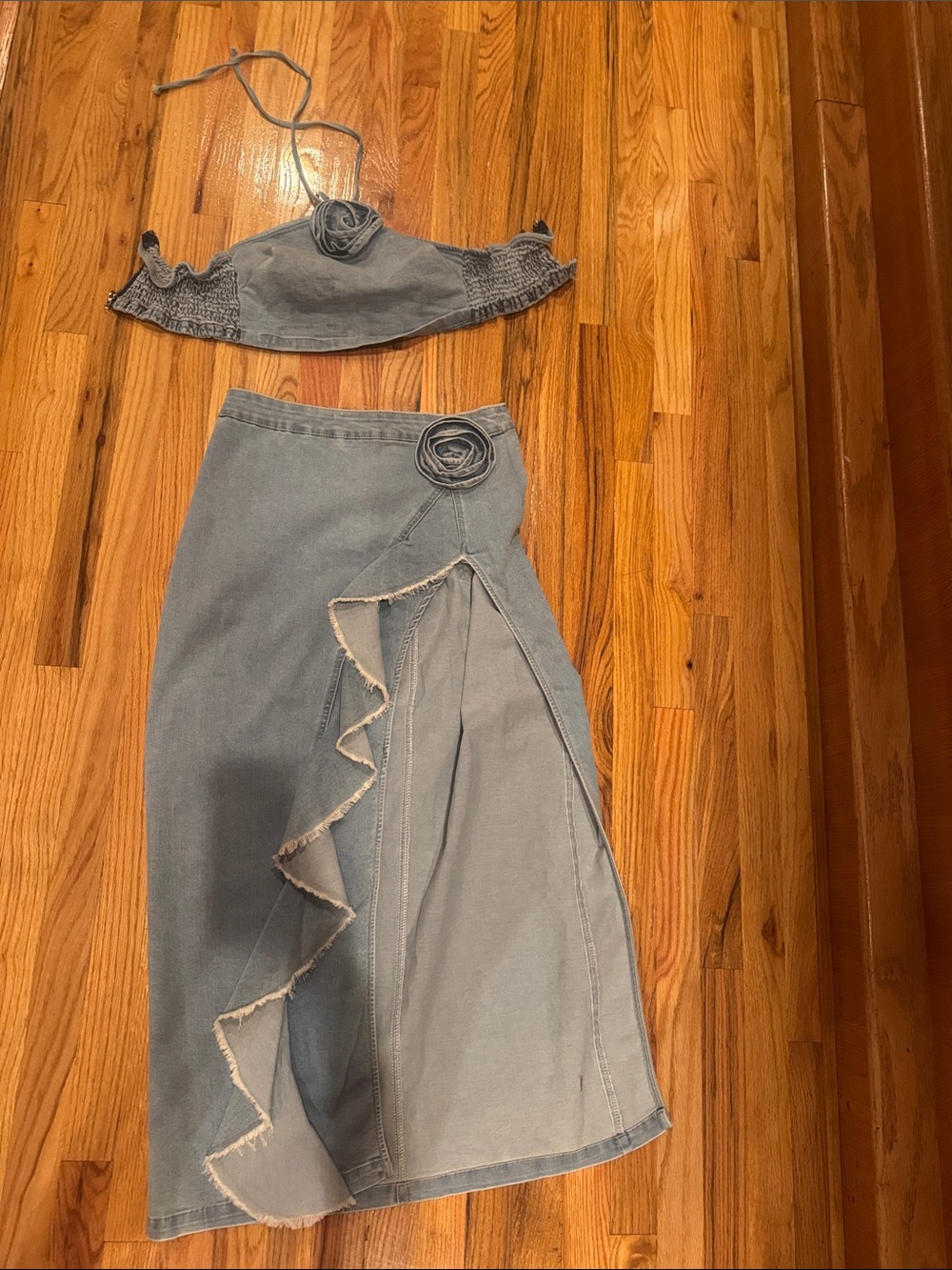 Light Blue Denim Midi Skirt with Ruffle Front Slit